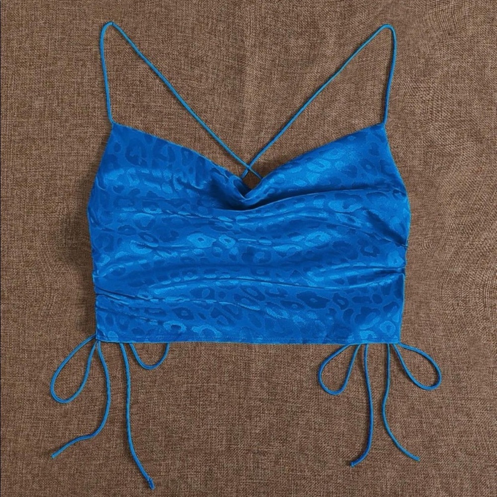 Leopard Drawstring Side Crisscross Crop Cami Top